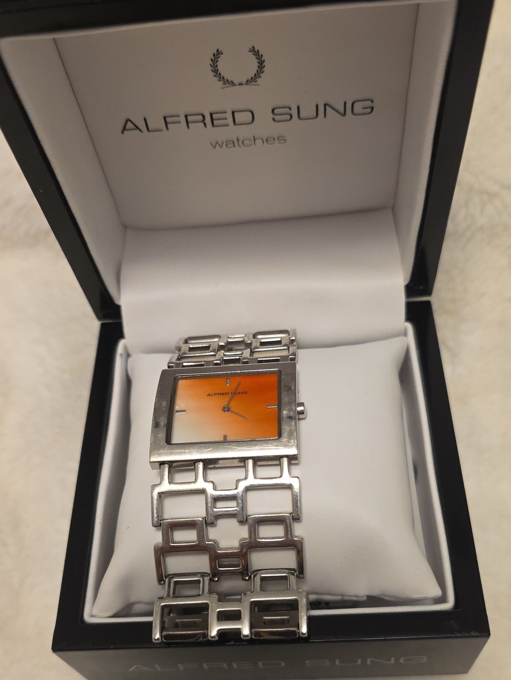 ALFRED SUNG Silver Bracelet Watch with Orange Dial